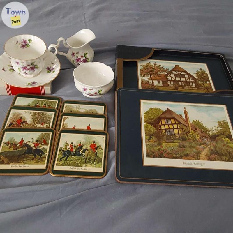 Photo of Pimpernel Placemats & coasters English Cottages and Hunters, Royal Albert teacup, cream, sugar set